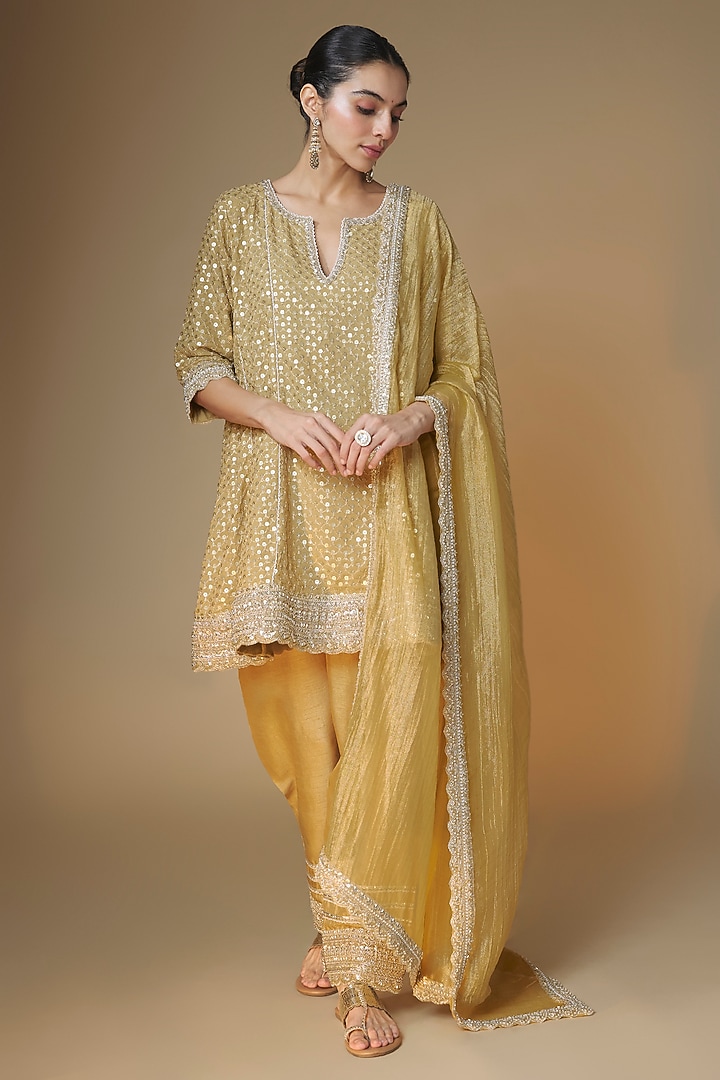 Champagne Gold Viscose Georgette Cutdana Embroidered Choga Kurta Set by Renee Label at Pernia's Pop Up Shop