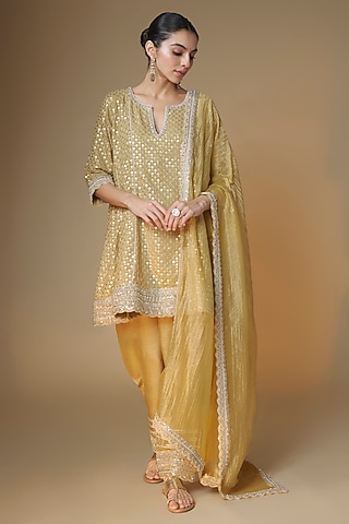 Champagne Gold Viscose Georgette Cutdana Embroidered Choga Kurta Set by Renee Label
