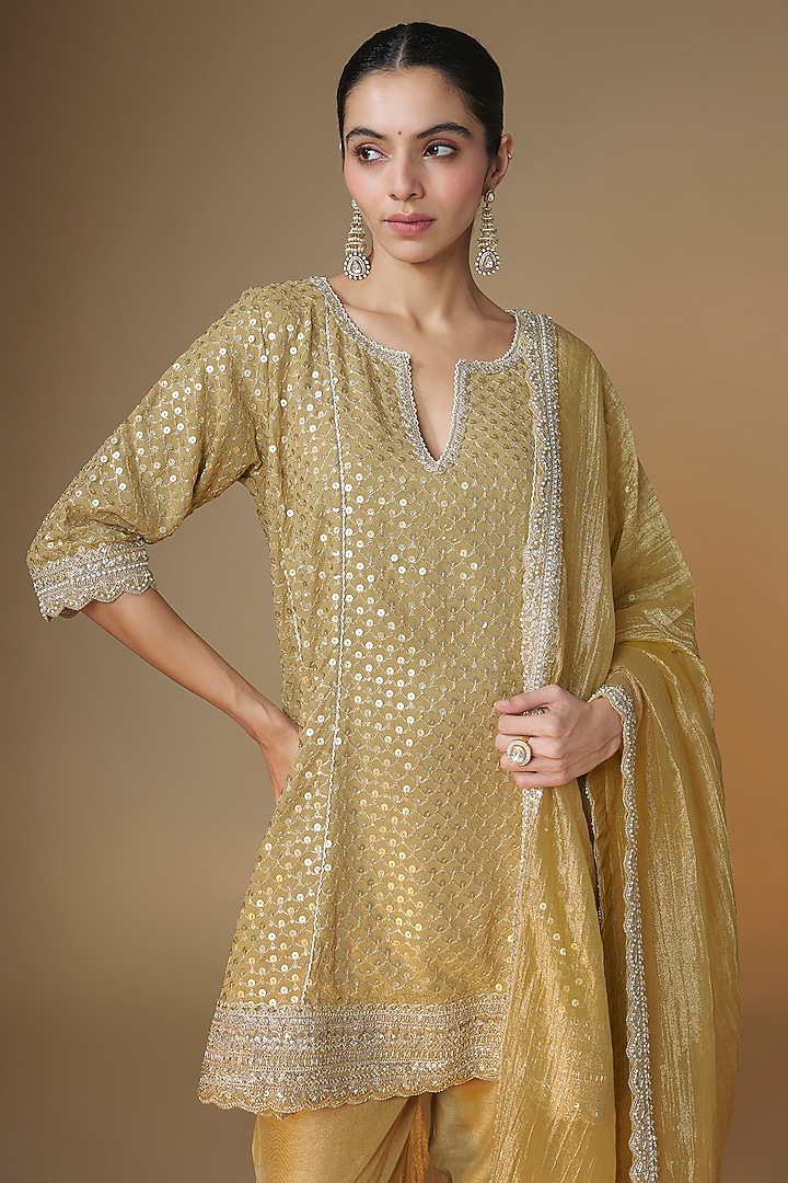 Champagne Gold Viscose Georgette Cutdana Embroidered Choga Kurta Set by Renee Label at Pernia's Pop Up Shop