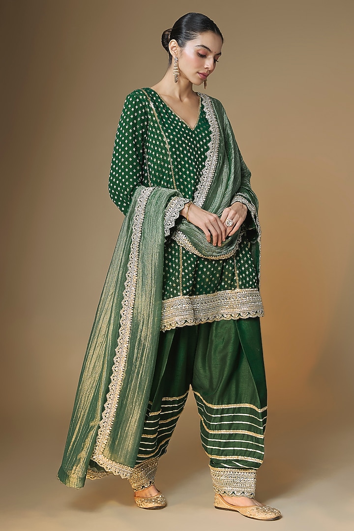 Emerald Green Semi Dupion Silk Cutdana Embroidered Choga Kurta Set by Renee Label at Pernia's Pop Up Shop