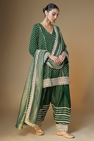 Emerald Green Semi Dupion Silk Cutdana Embroidered Choga Kurta Set by Renee Label