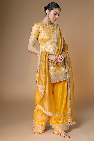 Sunset Yellow Brocade Silk Cutdana Embroidered Kurta Set by Renee Label
