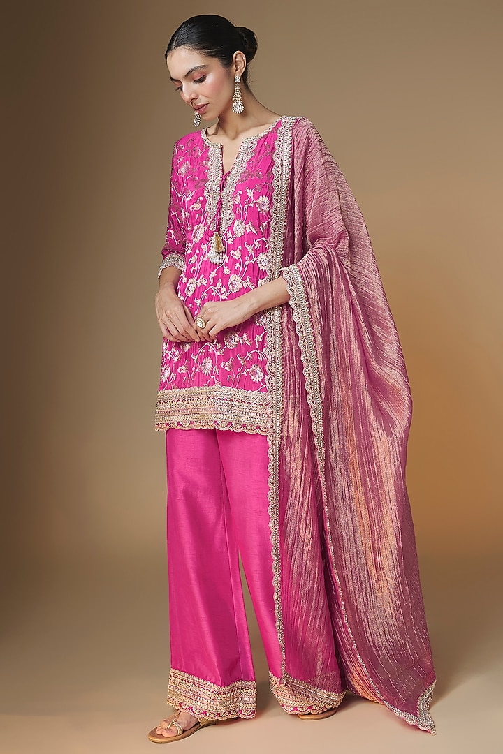 Pink Brocade Silk Cutdana Embroidered Kurta Set by Renee Label at Pernia's Pop Up Shop