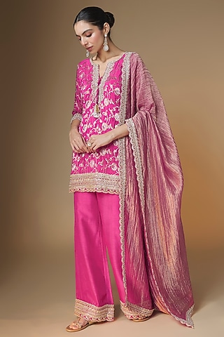 Pink Brocade Silk Cutdana Embroidered Kurta Set by Renee Label