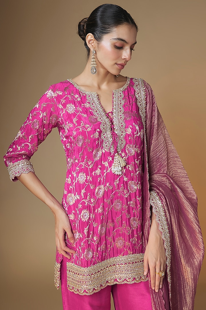Pink Brocade Silk Cutdana Embroidered Kurta Set by Renee Label at Pernia's Pop Up Shop