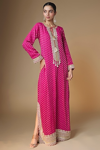 Raspberry Pink Viscose Georgette Sequins Embroidered Kaftan Dress by Renee Label
