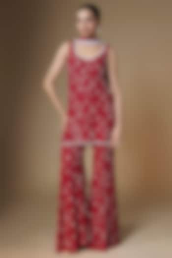 Red Viscose Georgette Glass Bead & Sequins Embroidered Wedding Sharara Set by Renee Label at Pernia's Pop Up Shop