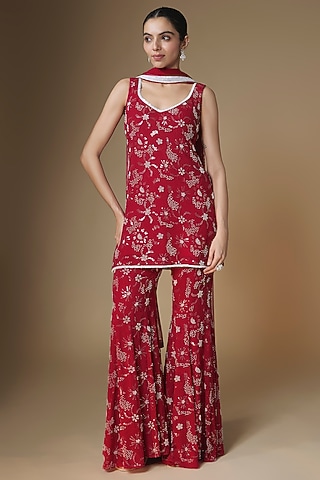 Red Viscose Georgette Glass Bead & Sequins Embroidered Sharara Set by Renee Label