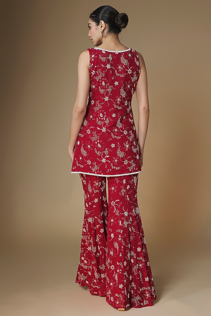 Red Viscose Georgette Glass Bead & Sequins Embroidered Wedding Sharara Set by Renee Label at Pernia's Pop Up Shop