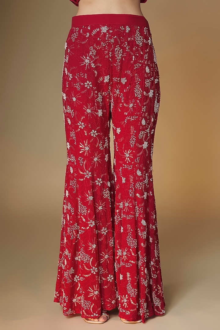 Red Viscose Georgette Glass Bead & Sequins Embroidered Wedding Sharara Set by Renee Label at Pernia's Pop Up Shop