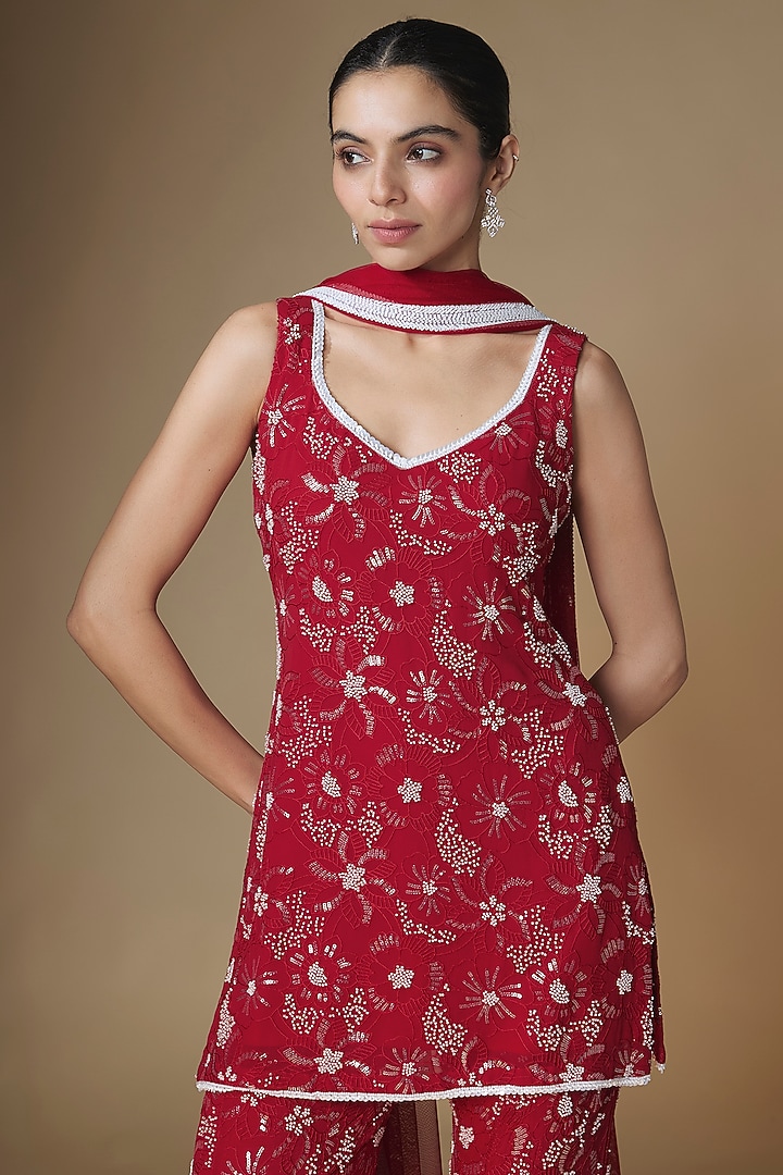 Red Viscose Georgette Glass Bead & Sequins Embroidered Wedding Sharara Set by Renee Label at Pernia's Pop Up Shop