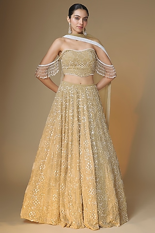 Champagne Gold Viscose Georgette Glass Bead & Sequins Embroidered Lehenga Set by Renee Label