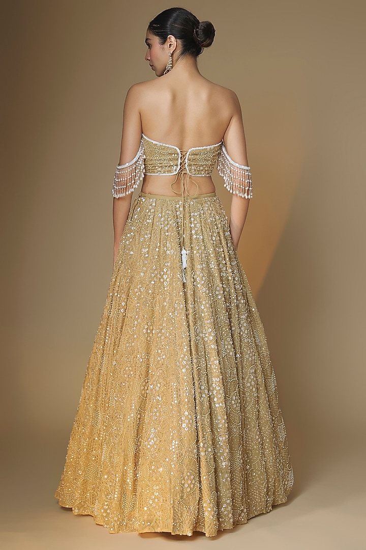 Champagne Gold Viscose Georgette Glass Bead & Sequins Embroidered Wedding Lehenga Set by Renee Label at Pernia's Pop Up Shop