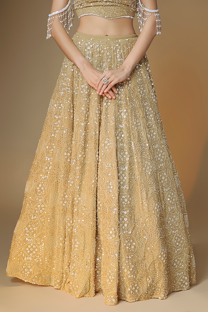 Champagne Gold Viscose Georgette Glass Bead & Sequins Embroidered Wedding Lehenga Set by Renee Label at Pernia's Pop Up Shop