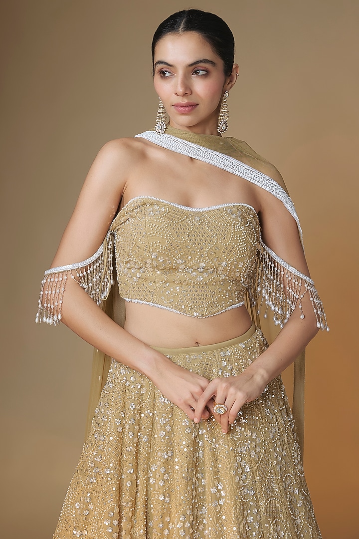 Champagne Gold Viscose Georgette Glass Bead & Sequins Embroidered Wedding Lehenga Set by Renee Label at Pernia's Pop Up Shop