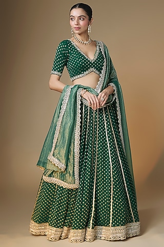 Emerald Green Viscose Georgette Banarasi Sequins Embroidered Lehenga Set by Renee Label