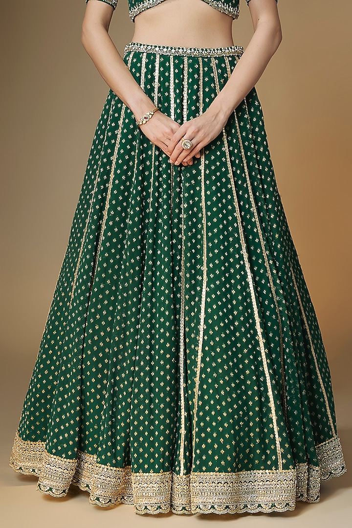Emerald Green Viscose Georgette Banarasi Sequins Embroidered Wedding Lehenga Set by Renee Label at Pernia's Pop Up Shop