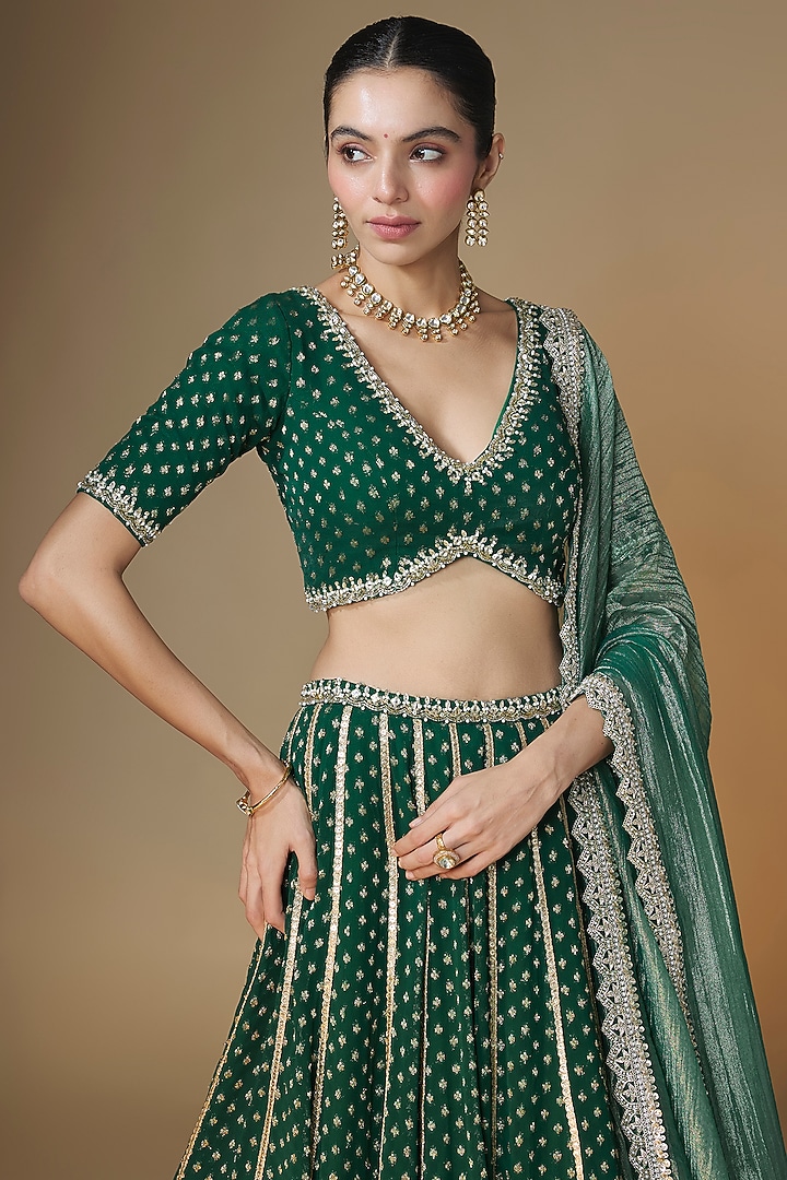 Emerald Green Viscose Georgette Banarasi Sequins Embroidered Wedding Lehenga Set by Renee Label at Pernia's Pop Up Shop