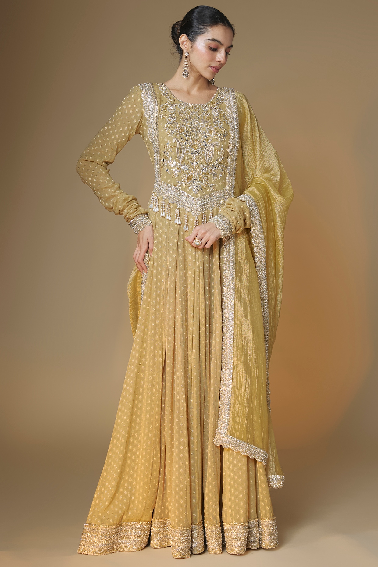 Renee Label Champagne Gold Viscose Georgette Banarasi Sequins Embroidered Anarkali Set