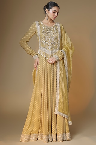 Champagne Gold Viscose Georgette Banarasi Sequins Embroidered Anarkali Set by Renee Label