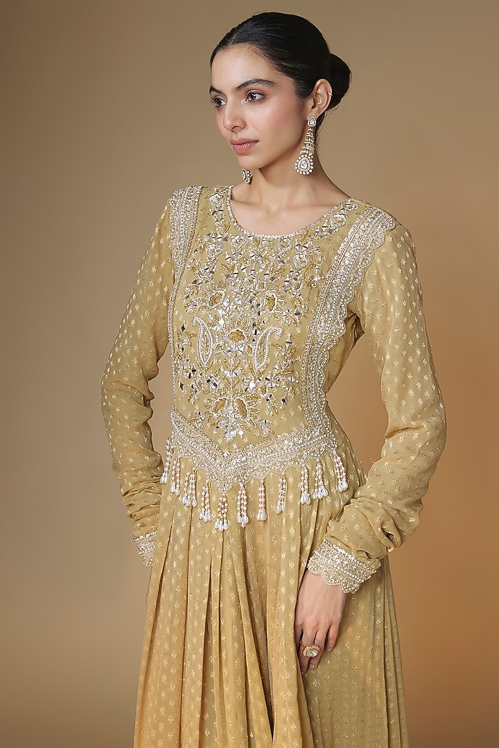 Champagne Gold Viscose Georgette Banarasi Sequins Embroidered Wedding Anarkali Set by Renee Label at Pernia's Pop Up Shop