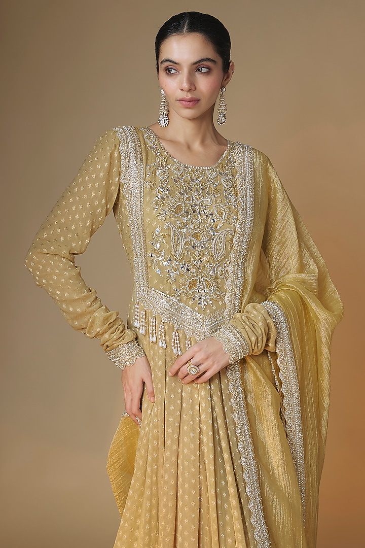 Champagne Gold Viscose Georgette Banarasi Sequins Embroidered Wedding Anarkali Set by Renee Label at Pernia's Pop Up Shop