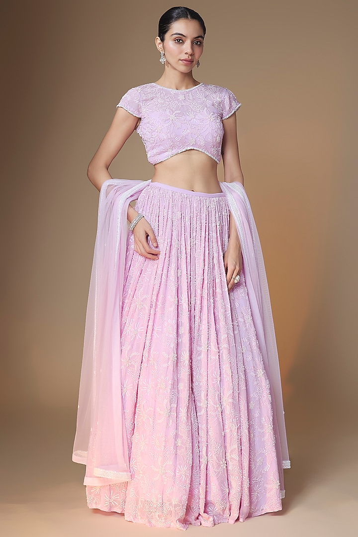 Lilac Viscose Georgette Glass Bead & Sequins Embroidered Wedding Lehenga Set by Renee Label at Pernia's Pop Up Shop