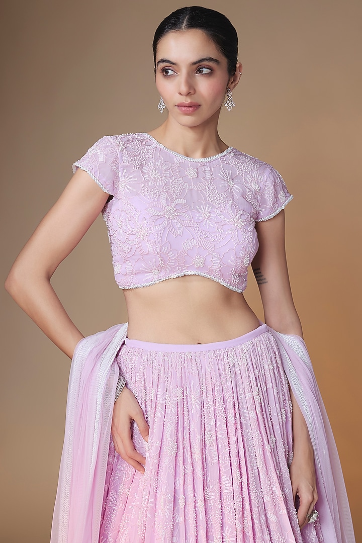 Lilac Viscose Georgette Glass Bead & Sequins Embroidered Wedding Lehenga Set by Renee Label at Pernia's Pop Up Shop