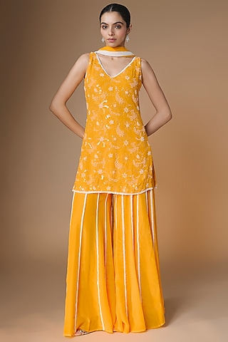 Sunset Yellow Viscose Georgette Panelled Sharara Set by Renee Label