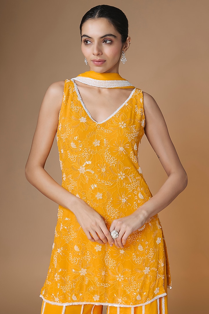 Sunset Yellow Viscose Georgette Panelled Wedding Sharara Set by Renee Label at Pernia's Pop Up Shop
