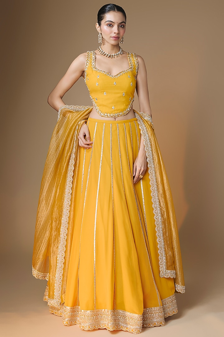 Sunset Yellow Viscose Georgette Panelled Embroidered Wedding Lehenga Set by Renee Label at Pernia's Pop Up Shop