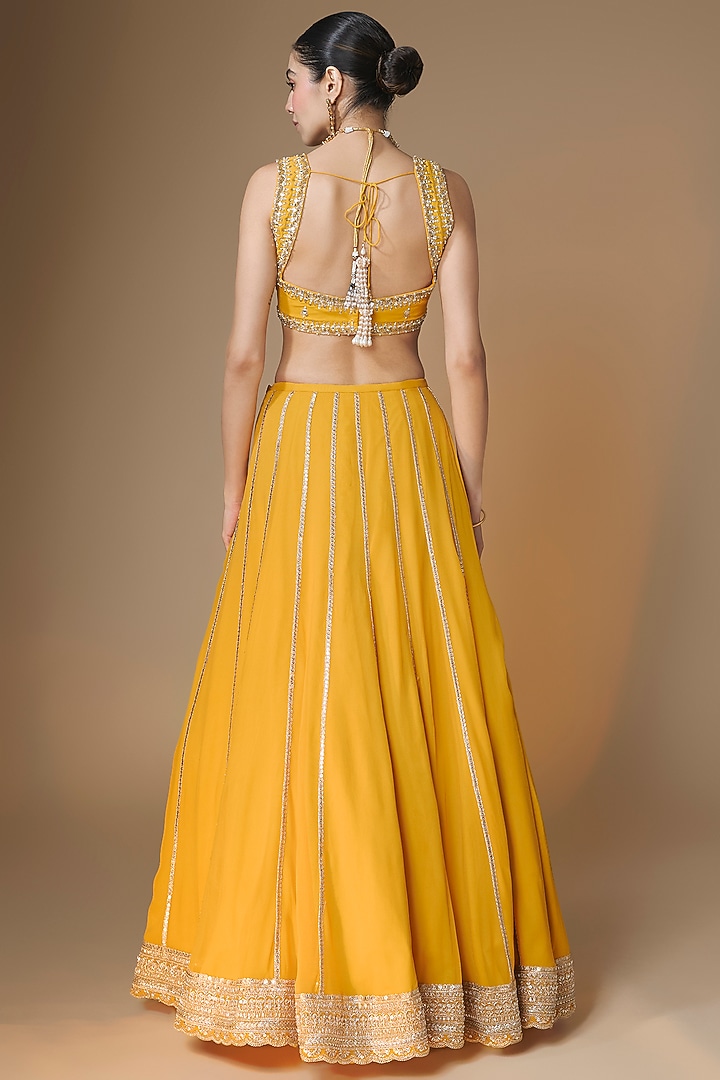 Sunset Yellow Viscose Georgette Panelled Embroidered Wedding Lehenga Set by Renee Label at Pernia's Pop Up Shop
