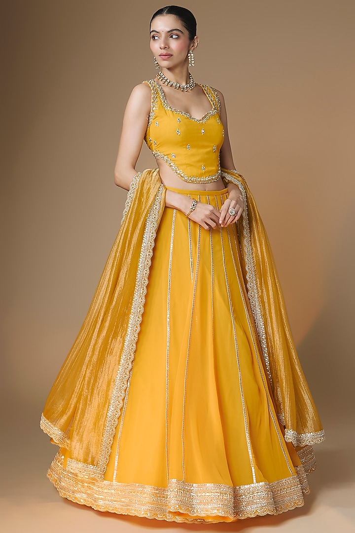 Sunset Yellow Viscose Georgette Panelled Embroidered Wedding Lehenga Set by Renee Label at Pernia's Pop Up Shop