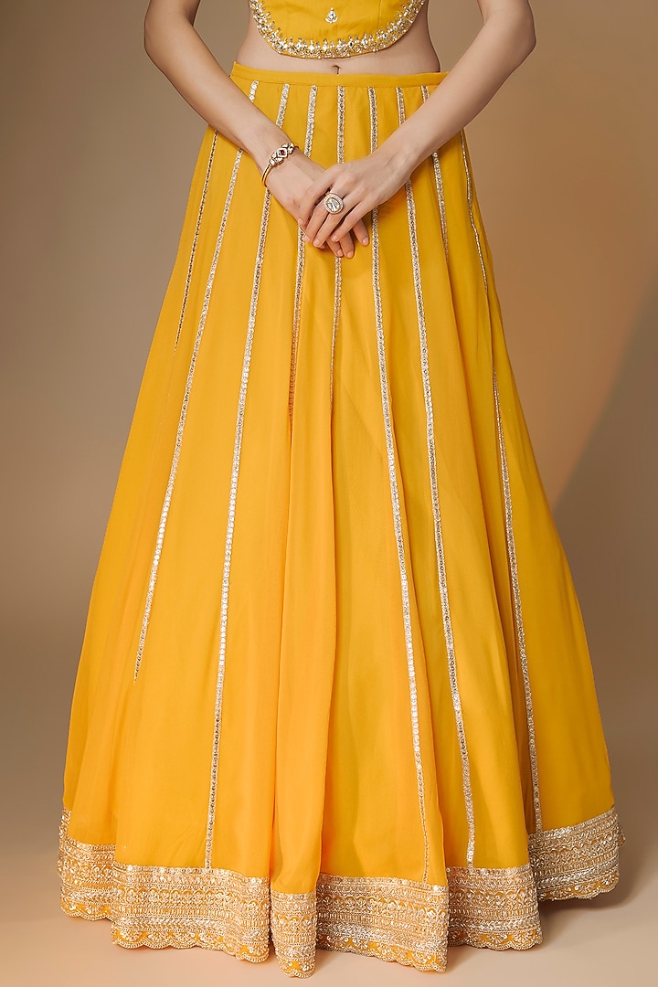Sunset Yellow Viscose Georgette Panelled Embroidered Wedding Lehenga Set by Renee Label at Pernia's Pop Up Shop