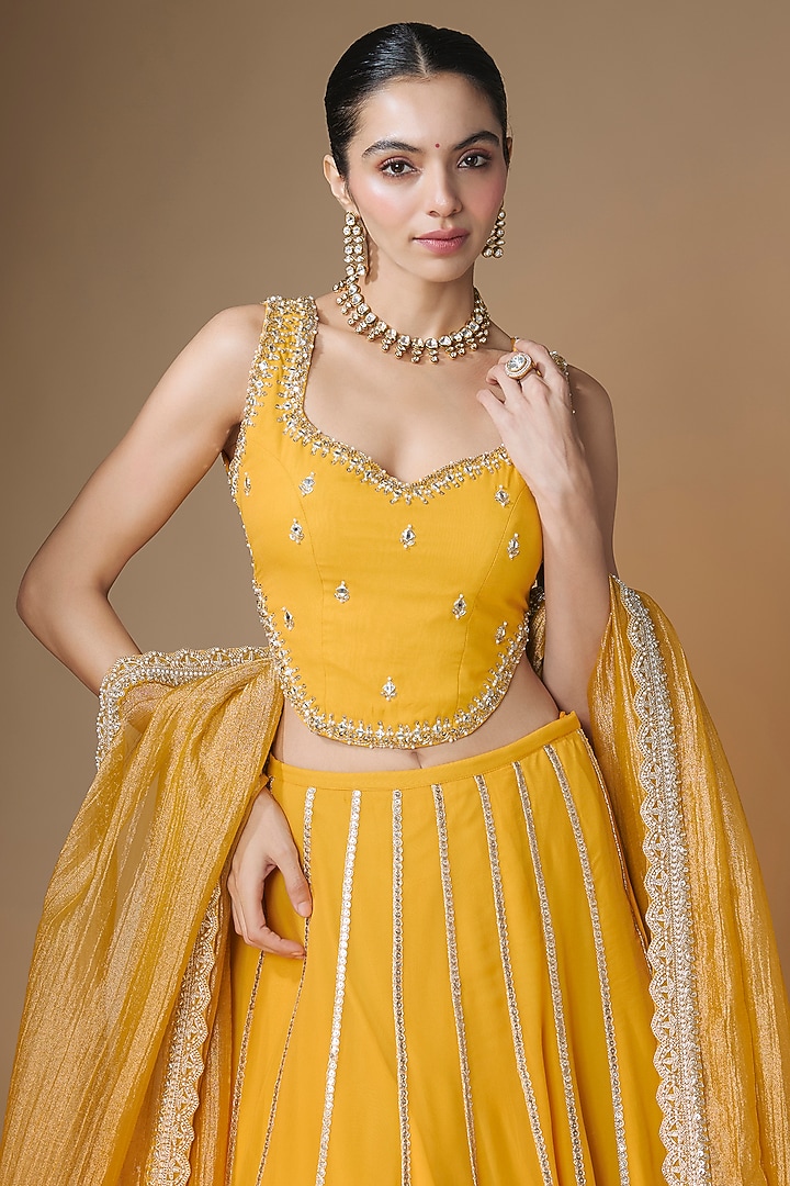 Sunset Yellow Viscose Georgette Panelled Embroidered Wedding Lehenga Set by Renee Label at Pernia's Pop Up Shop
