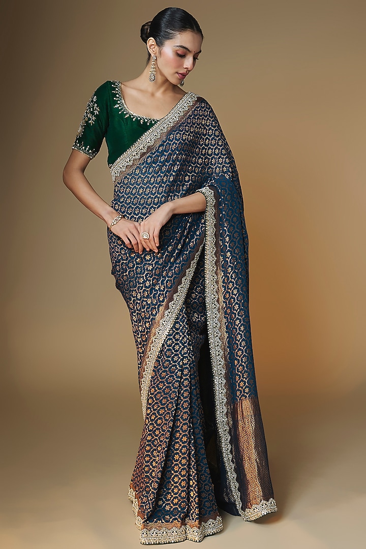 Emerald Green & Blue Pure Banarasi Georgette Sequins Embroidered Wedding Saree Set by Renee Label at Pernia's Pop Up Shop