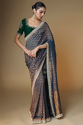 Emerald Green & Blue Pure Banarasi Georgette Sequins Embroidered Saree Set by Renee Label