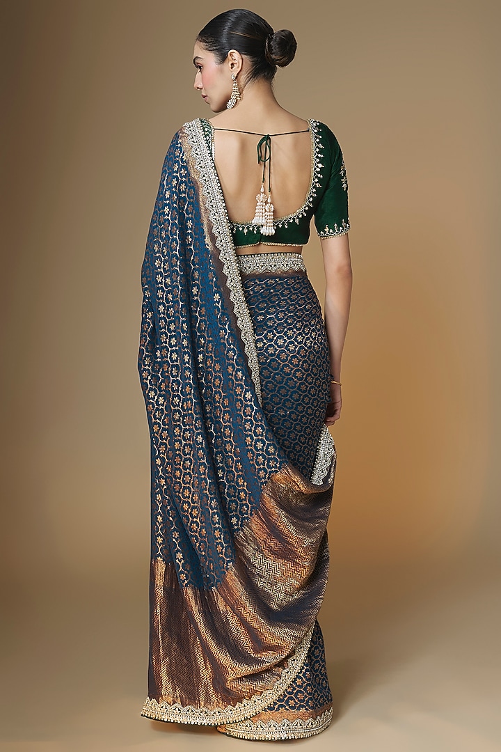 Emerald Green & Blue Pure Banarasi Georgette Sequins Embroidered Wedding Saree Set by Renee Label at Pernia's Pop Up Shop