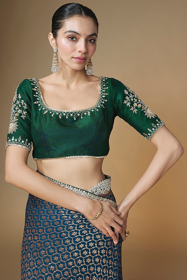 Emerald Green & Blue Pure Banarasi Georgette Sequins Embroidered Wedding Saree Set by Renee Label at Pernia's Pop Up Shop
