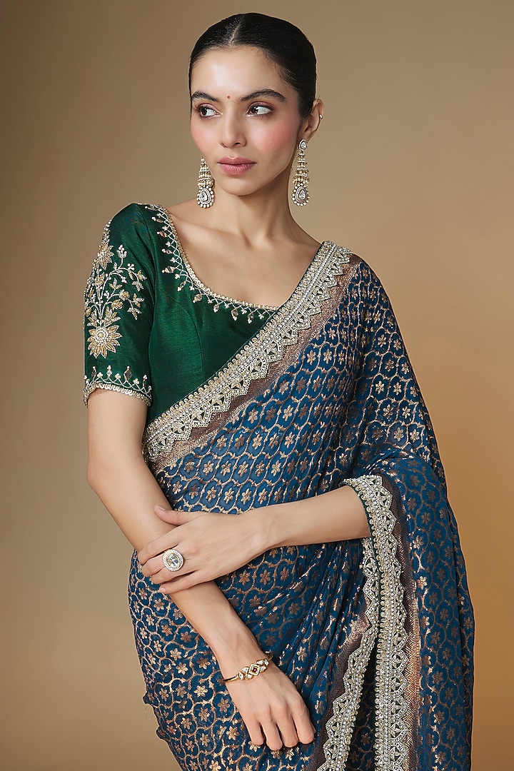Emerald Green & Blue Pure Banarasi Georgette Sequins Embroidered Wedding Saree Set by Renee Label at Pernia's Pop Up Shop