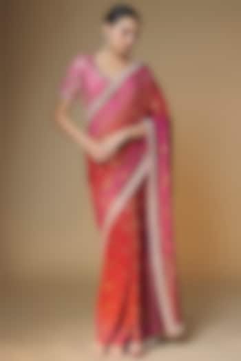 Pink & Red Pure Banarasi Georgette Sequins Embroidered Wedding Saree Set by Renee Label at Pernia's Pop Up Shop