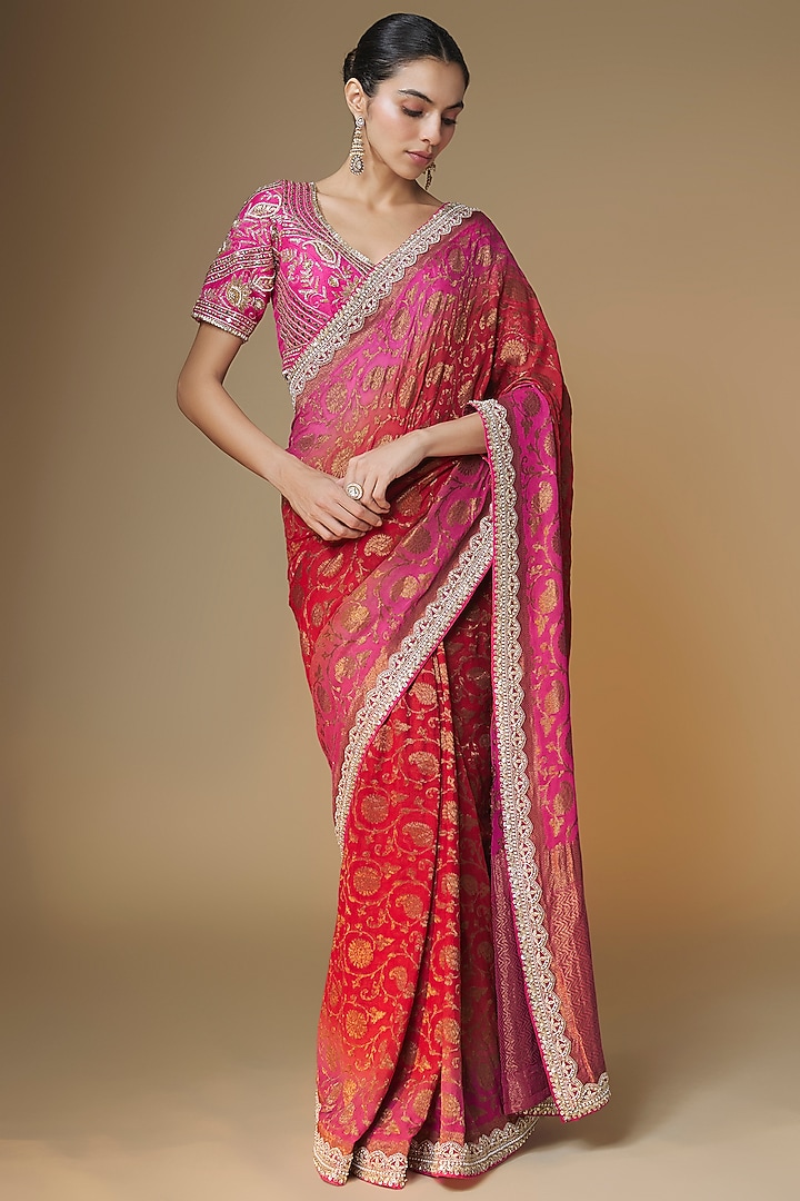 Pink & Red Pure Banarasi Georgette Sequins Embroidered Wedding Saree Set by Renee Label at Pernia's Pop Up Shop