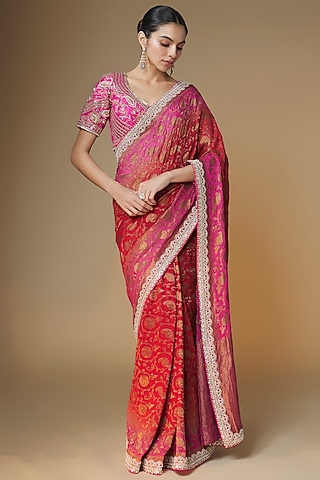 Pink & Red Pure Banarasi Georgette Sequins Embroidered Saree Set by Renee Label