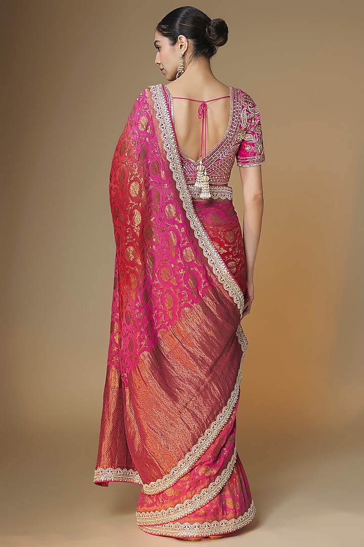Pink & Red Pure Banarasi Georgette Sequins Embroidered Wedding Saree Set by Renee Label at Pernia's Pop Up Shop