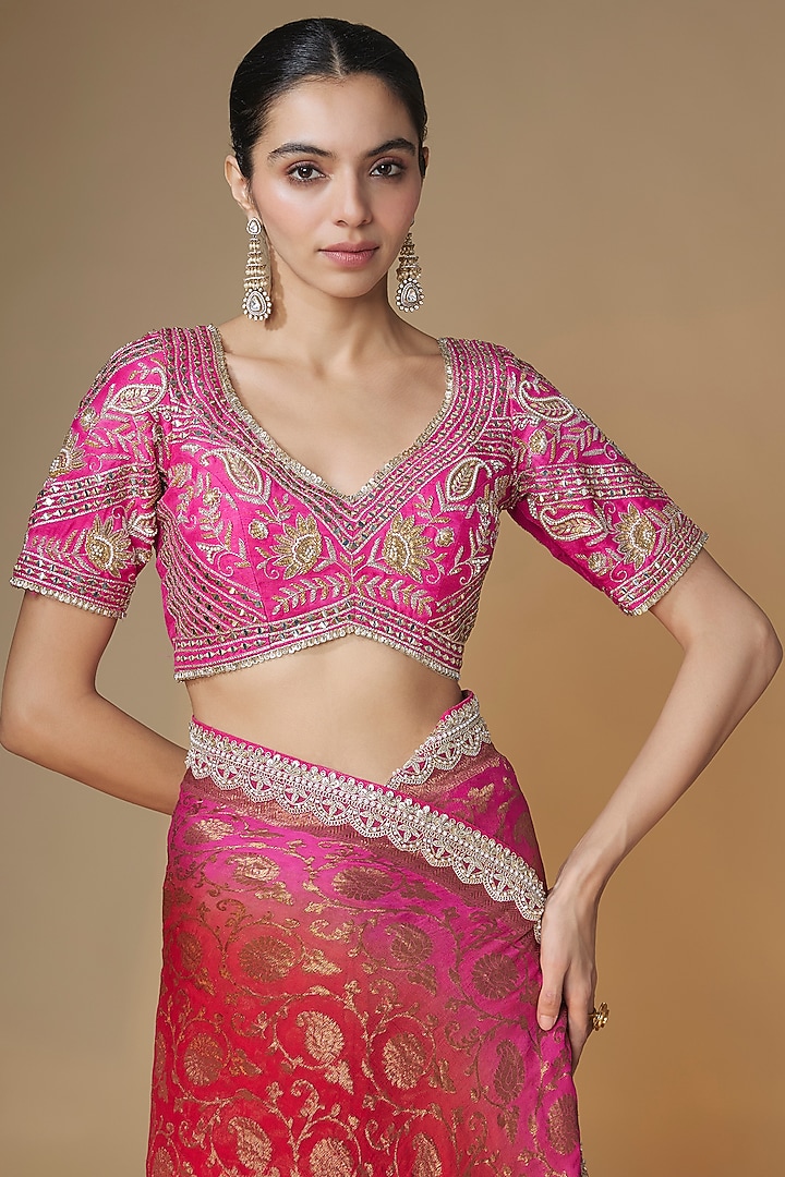 Pink & Red Pure Banarasi Georgette Sequins Embroidered Wedding Saree Set by Renee Label at Pernia's Pop Up Shop
