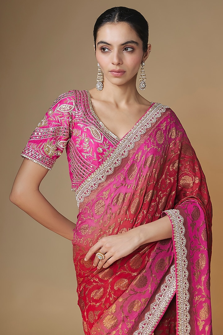 Pink & Red Pure Banarasi Georgette Sequins Embroidered Wedding Saree Set by Renee Label at Pernia's Pop Up Shop