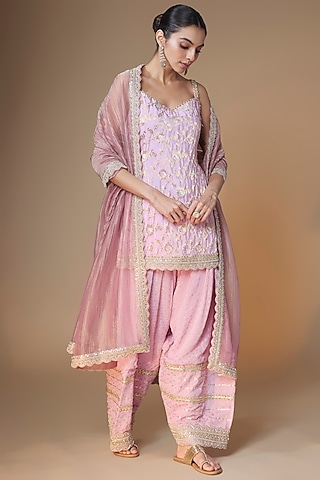 Lilac Banarasi Silk Sequins & Cutdana Embroidered Kurta Set by Renee Label