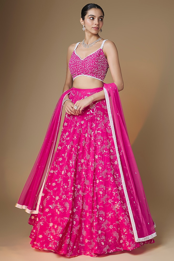 Raspberry Pink Viscose Georgette Sequins Embroidered Wedding Lehenga Set by Renee Label at Pernia's Pop Up Shop