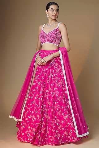 Raspberry Pink Viscose Georgette Sequins Embroidered Lehenga Set by Renee Label