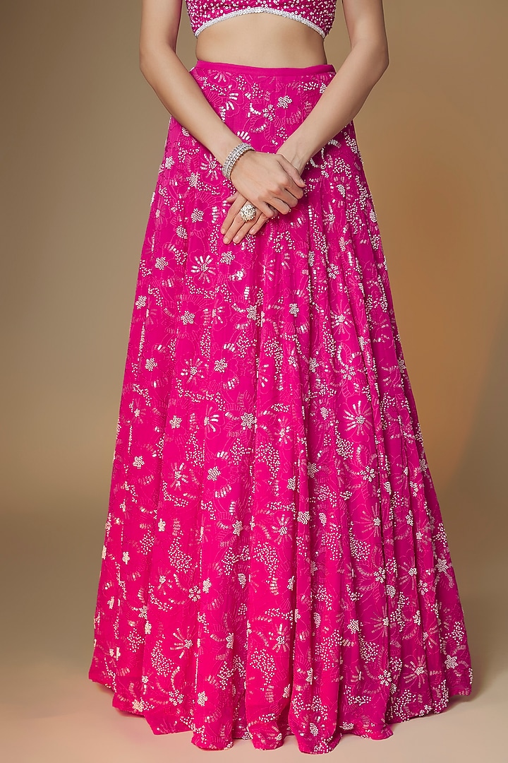 Raspberry Pink Viscose Georgette Sequins Embroidered Wedding Lehenga Set by Renee Label at Pernia's Pop Up Shop